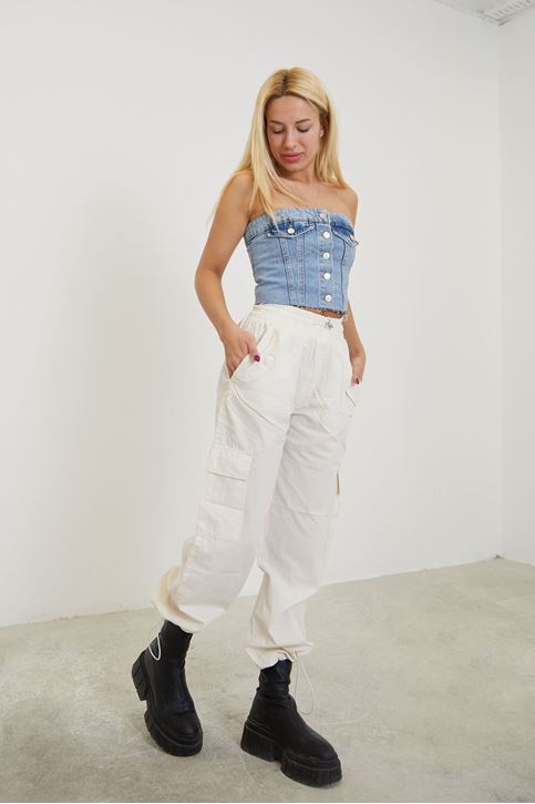 Kargo Cep Paraşüt Pantolon-Ekru