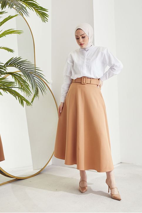 Kadın Kemerli Kloş Tesettür Etek Karamel