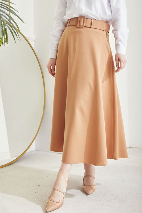 Kadın Kemerli Kloş Tesettür Etek Karamel