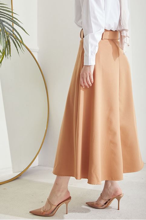 Kadın Kemerli Kloş Tesettür Etek Karamel