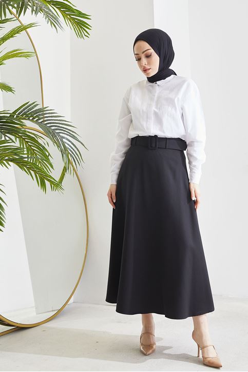 Kadın Kemerli Kloş Uzun Tesettür Etek Siyah