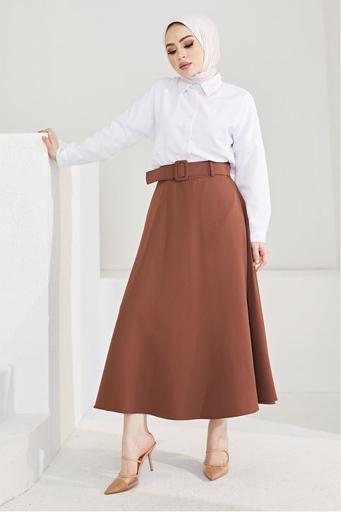 Kadın Kemerli Kloş Uzun Tesettür Etek Kahve