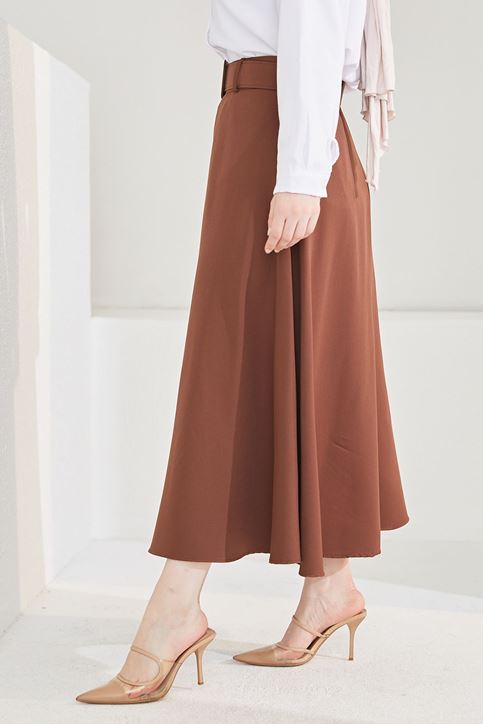 Kadın Kemerli Kloş Uzun Tesettür Etek Kahve