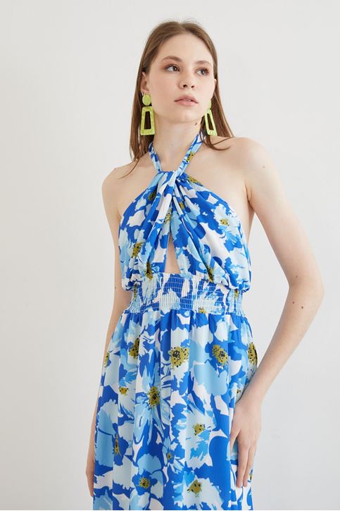 Çiçek Desen Elbise-Mavi