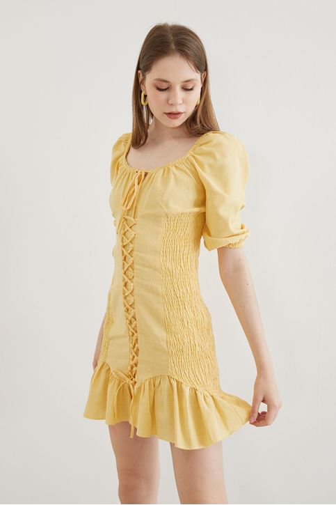 İpli Keten Elbise-Sarı