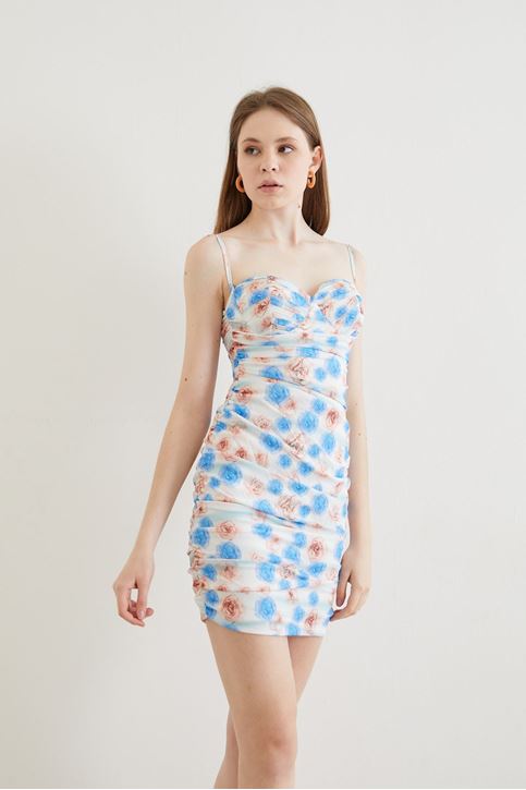 Kadın İp Askılı Çiçek Desenli Büzgülü Mini Elbise Mavi