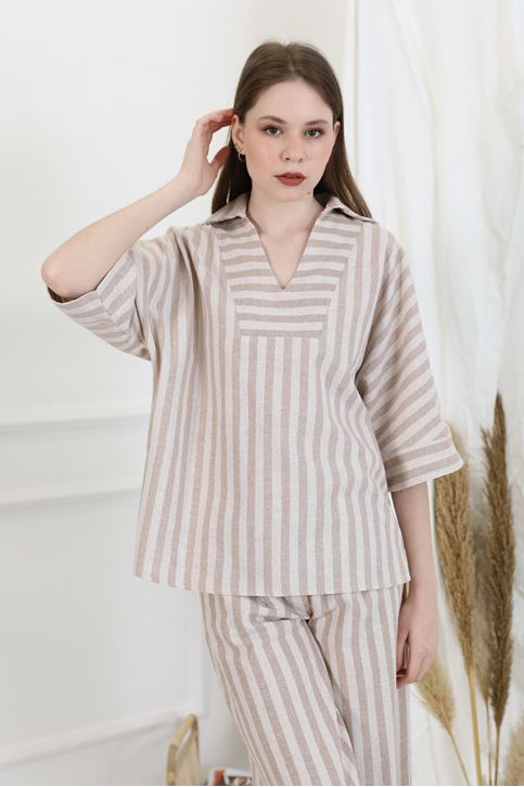 Kadın V Yaka Çizgili Yarım Kol Rahat Kalıp Yazlık Keten Takım Bej