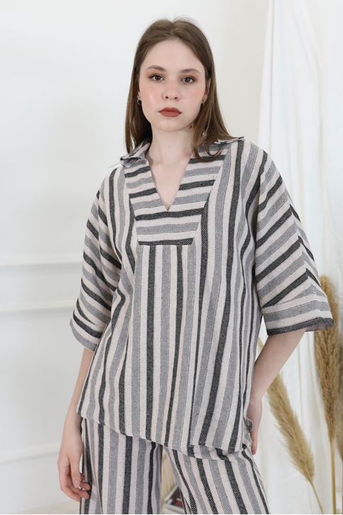 Kadın V Yaka Çizgili Yarım Kol Rahat Kalıp Yazlık Keten Takım Siyah