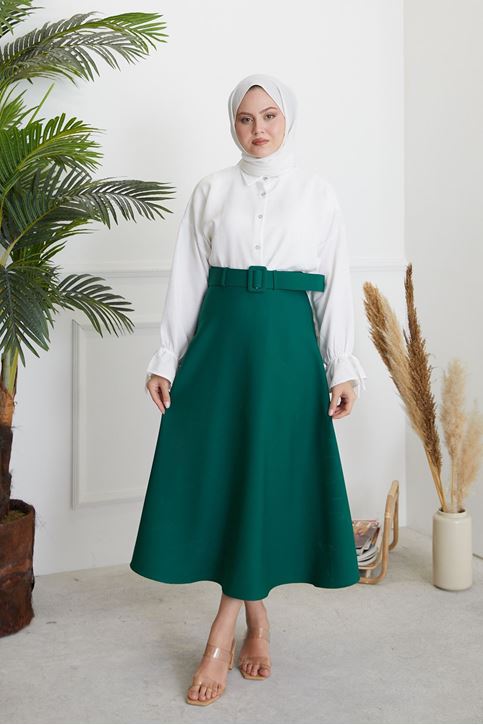 Kadın Kemerli Kloş Uzun Tesettür Etek Zümrüt Yeşili
