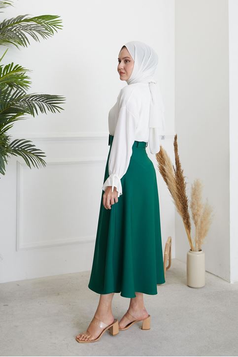 Kadın Kemerli Kloş Uzun Tesettür Etek Zümrüt Yeşili
