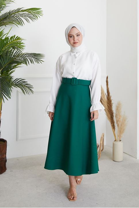 Kadın Kemerli Kloş Uzun Tesettür Etek Zümrüt Yeşili