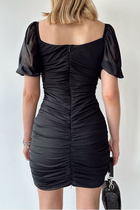 Büzgülü Elbise-Siyah