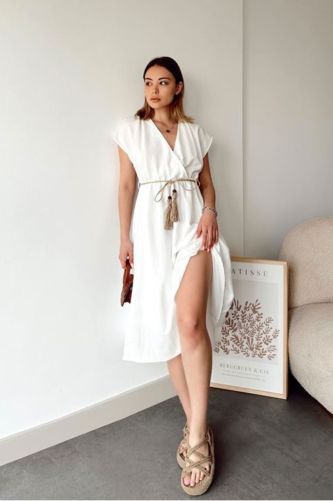 Kadın Kruvaze Yaka Hasır Kemerli Yazlık Elbise Beyaz