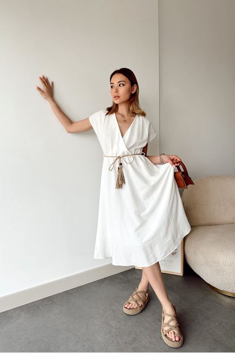 Kadın Kruvaze Yaka Hasır Kemerli Yazlık Elbise Beyaz