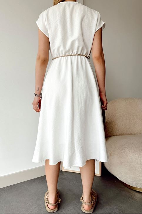 Kadın Kruvaze Yaka Hasır Kemerli Yazlık Elbise Beyaz