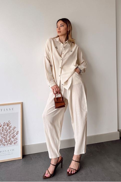 Kadın Keten Kumaş Yazlık Gömlek Taş Detaylı Pantolon Takım Taş