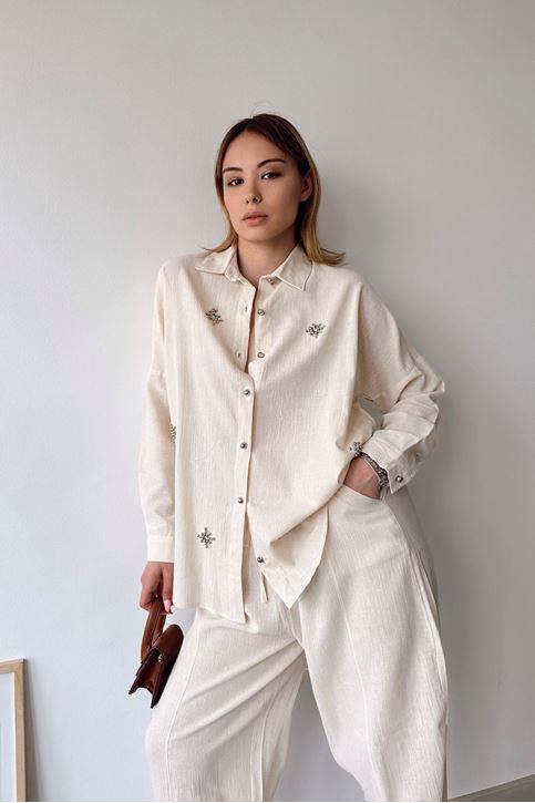 Kadın Keten Kumaş Yazlık Gömlek Taş Detaylı Pantolon Takım Taş