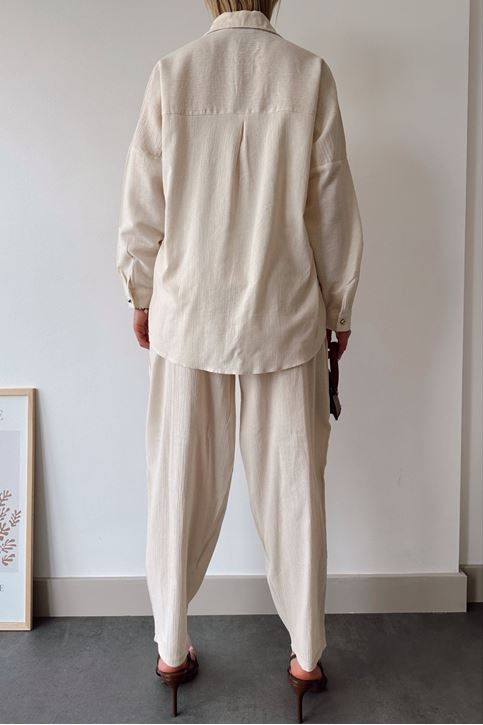 Kadın Keten Kumaş Yazlık Gömlek Taş Detaylı Pantolon Takım Taş