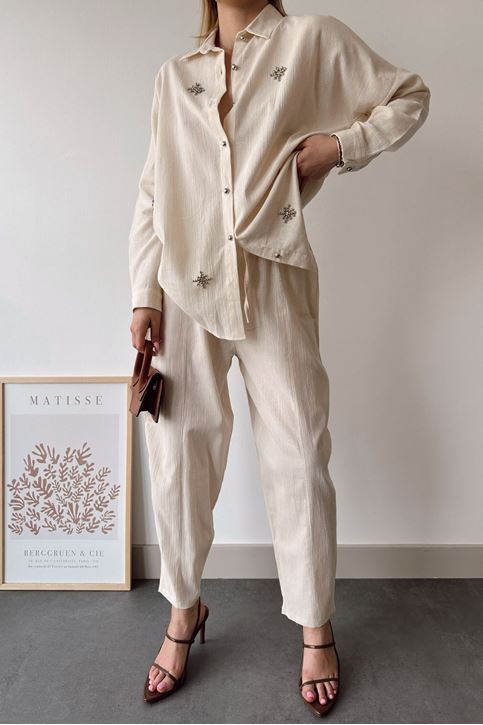 Kadın Keten Kumaş Yazlık Gömlek Taş Detaylı Pantolon Takım Taş