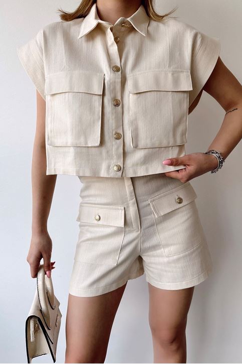 Kadın Kolsuz Gold Düğme Ve Torba Cep Detaylı Yazlık Şort Takım Taş