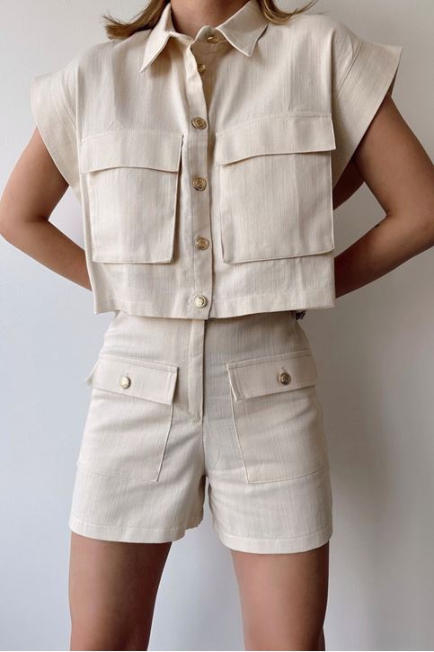 Kadın Kolsuz Gold Düğme Ve Torba Cep Detaylı Yazlık Şort Takım Taş