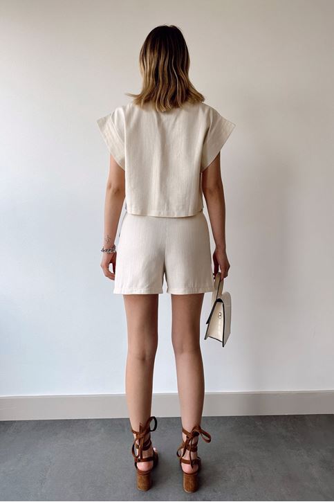 Kadın Kolsuz Gold Düğme Ve Torba Cep Detaylı Yazlık Şort Takım Taş