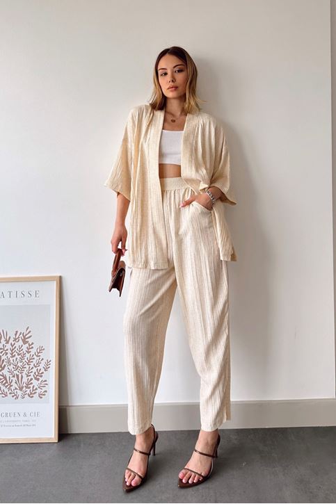 Kadın Keten Yazlık Kumaş Şal Yaka Kimono Cep Detaylı Pantolon Takım Bej