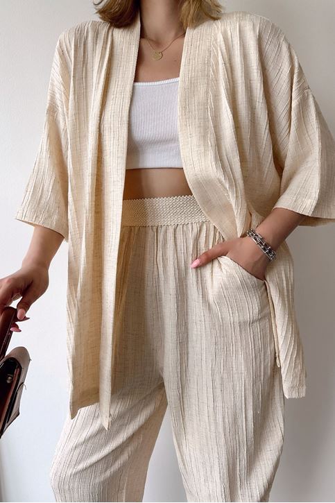 Kadın Keten Yazlık Kumaş Şal Yaka Kimono Cep Detaylı Pantolon Takım Bej