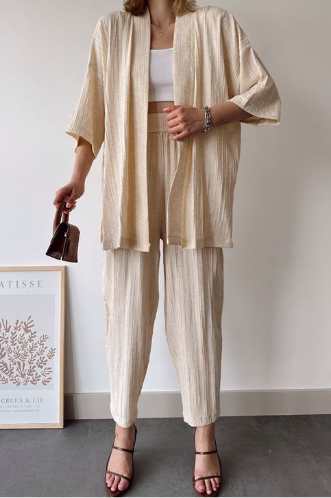 Kadın Keten Yazlık Kumaş Şal Yaka Kimono Cep Detaylı Pantolon Takım Bej