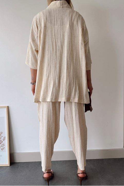 Kadın Keten Yazlık Kumaş Şal Yaka Kimono Cep Detaylı Pantolon Takım Bej