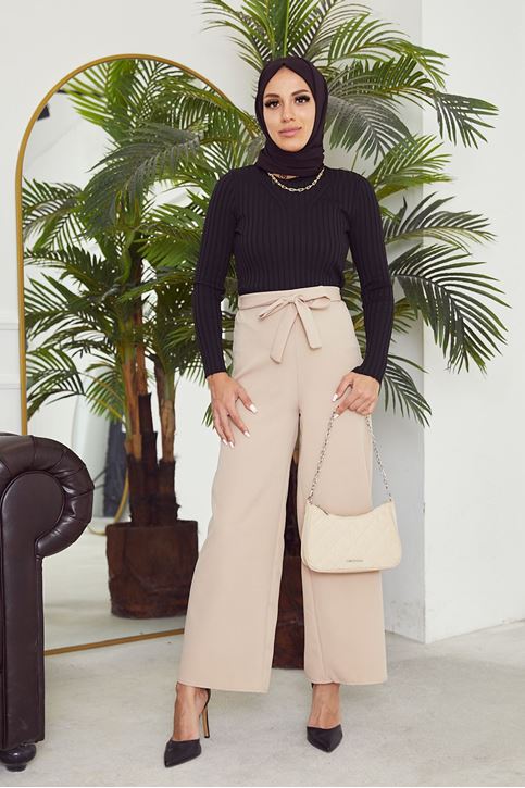 Bel Lastik Detaylı Bol Pantolon-Taş