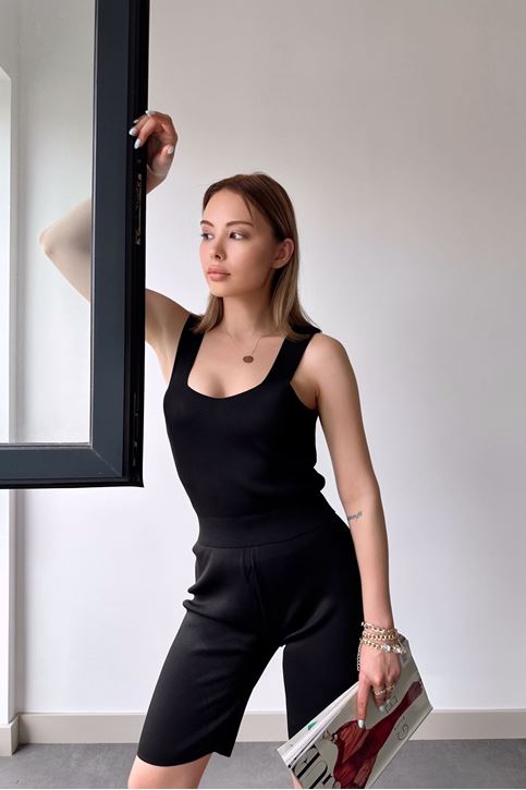 Kadın Ribana Atlet Crop Triko Şort Takım Siyah