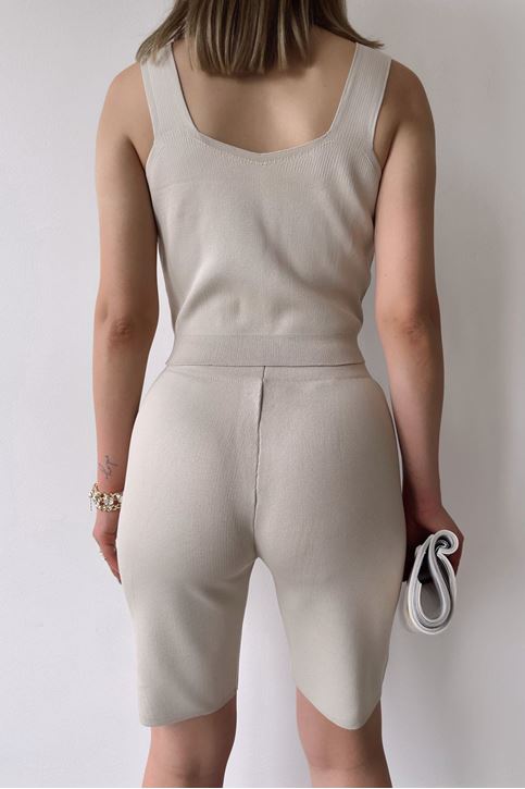 Kadın Ribana Atlet Crop Triko Şort Takım Taş