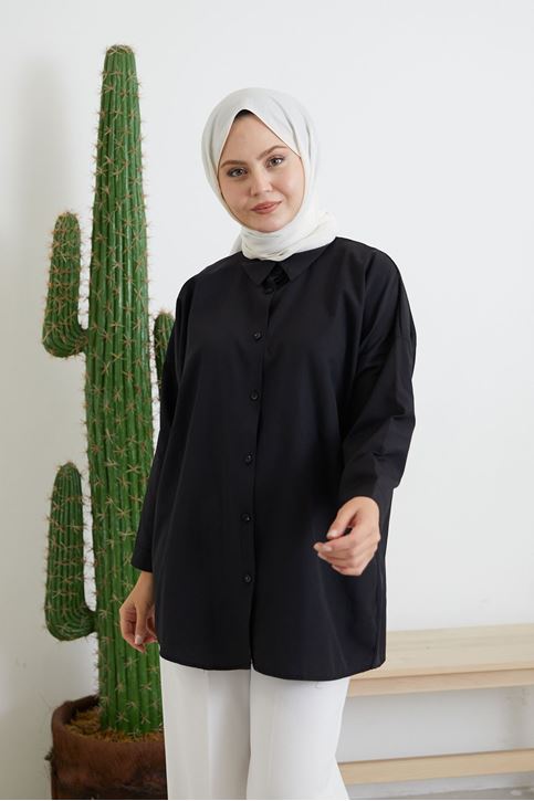 Kadın Boydan Düğmeli Kol Manşetli Oval Kesim Rahat Kalıp Poplin Uzun Gömlek Siyah