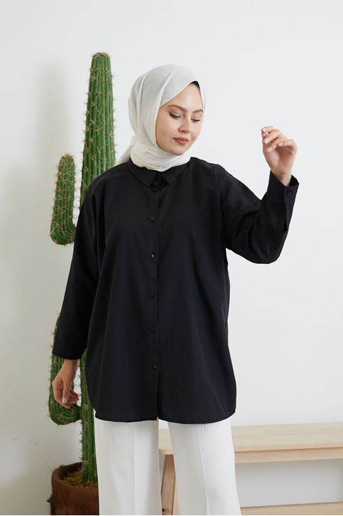 Kadın Boydan Düğmeli Kol Manşetli Oval Kesim Rahat Kalıp Poplin Uzun Gömlek Siyah