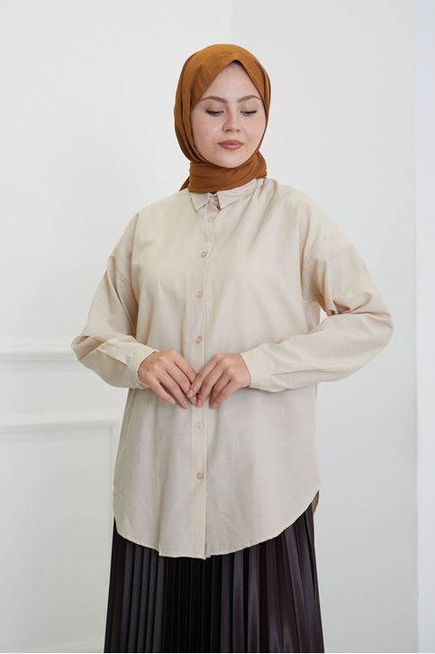 Kadın Boydan Düğmeli Kol Manşetli Oval Kesim Rahat Kalıp Poplin Uzun Gömlek Taş