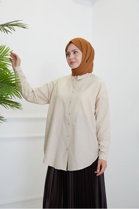 Kadın Boydan Düğmeli Kol Manşetli Oval Kesim Rahat Kalıp Poplin Uzun Gömlek Taş