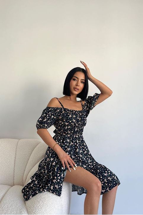 Kadın Papatya Çicek Desenli Askılı Ve Kol Detaylı Yazlı Midi Elbise Lacivert