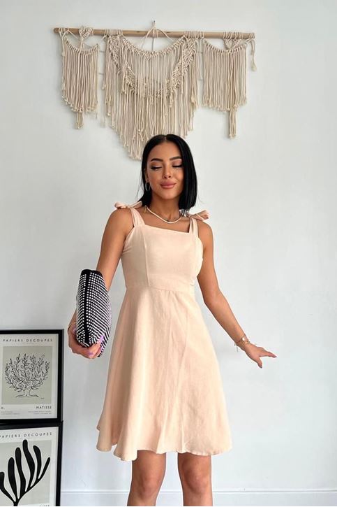 Kadın Kare Yaka Askı Bağlama Detaylı Keten Elbise Bej