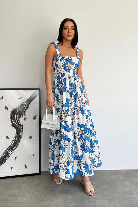 Kadın Etnik Desenli Yazlık Viskon İp Askılı Elbise Mavi