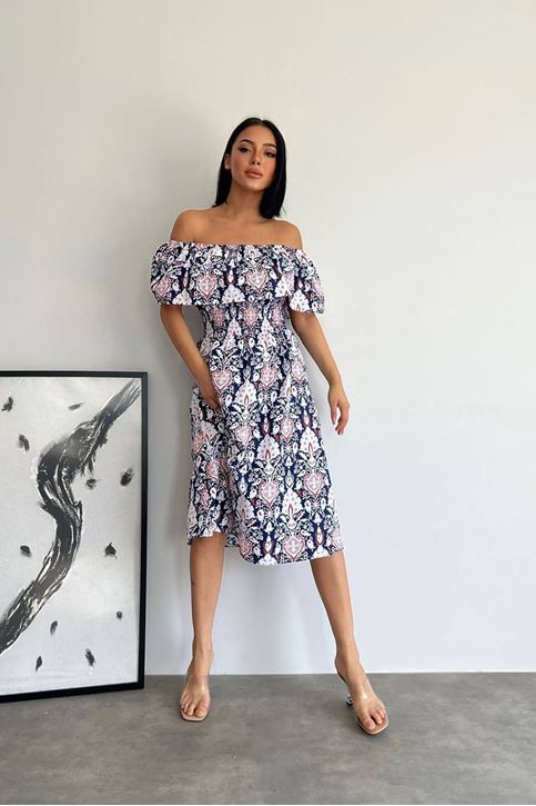 Kadın Lastikli Madonna Yaka Desenli Yazlık Viskon Elbise Lacivert