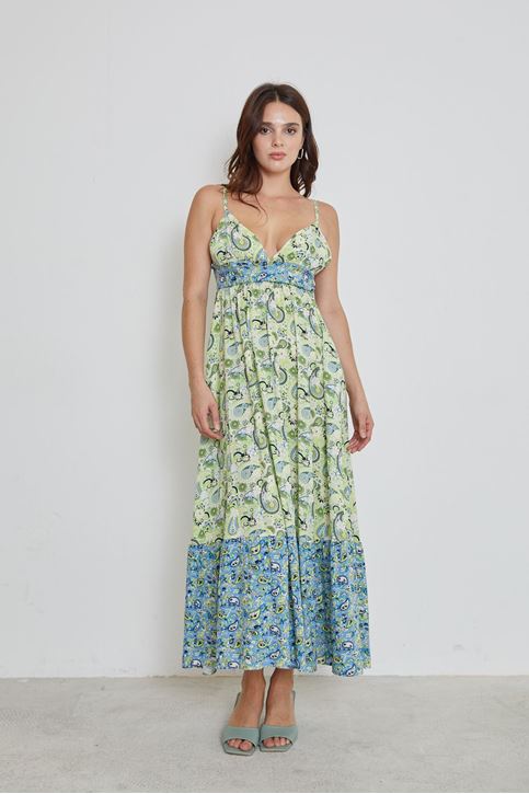 Kadın Etnik Desenli Yazlık Viskon İp Askılı Elbise Yeşil