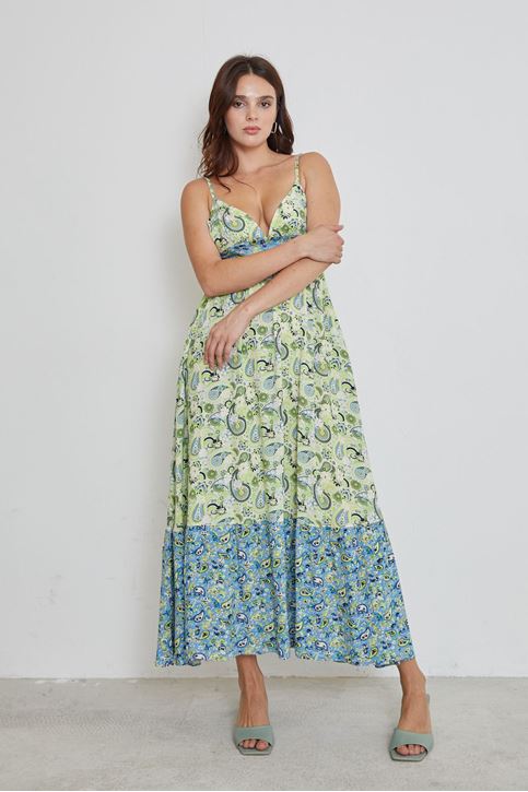 Kadın Etnik Desenli Yazlık Viskon İp Askılı Elbise Yeşil