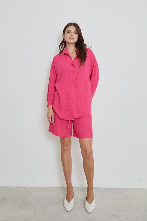Kadın Salaş Rahat Kalıp Yazlık Keten Kumaş Gömlek Şort Takım Fuşya