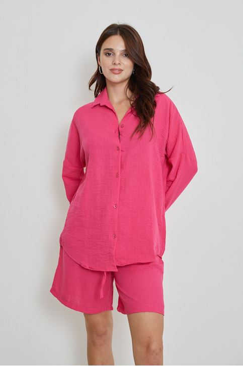 Kadın Salaş Rahat Kalıp Yazlık Keten Kumaş Gömlek Şort Takım Fuşya