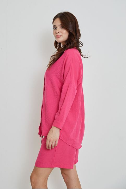 Kadın Salaş Rahat Kalıp Yazlık Keten Kumaş Gömlek Şort Takım Fuşya