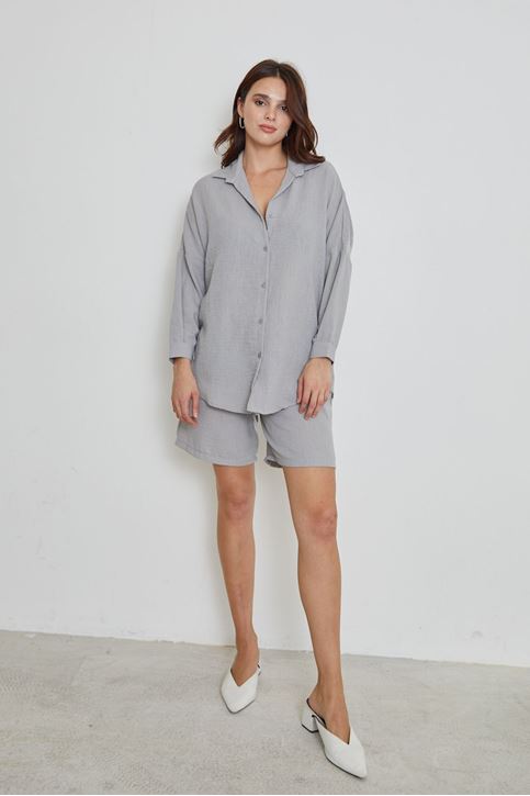 Kadın Salaş Rahat Kalıp Yazlık Keten Kumaş Gömlek Şort Takım Gri