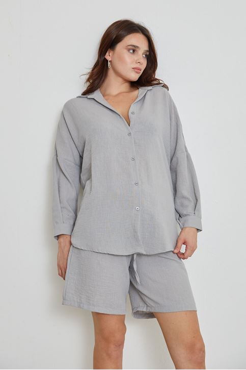 Kadın Salaş Rahat Kalıp Yazlık Keten Kumaş Gömlek Şort Takım Gri