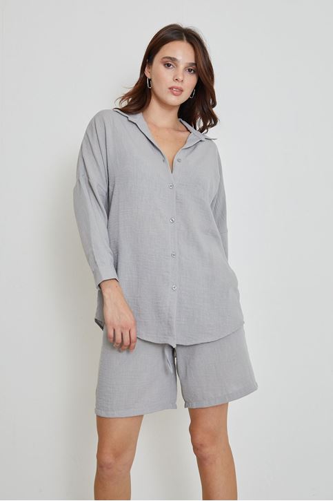 Kadın Salaş Rahat Kalıp Yazlık Keten Kumaş Gömlek Şort Takım Gri