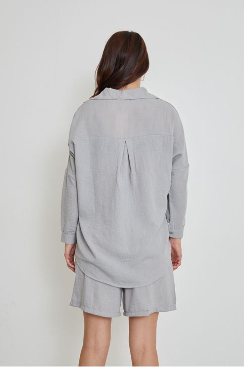 Kadın Salaş Rahat Kalıp Yazlık Keten Kumaş Gömlek Şort Takım Gri